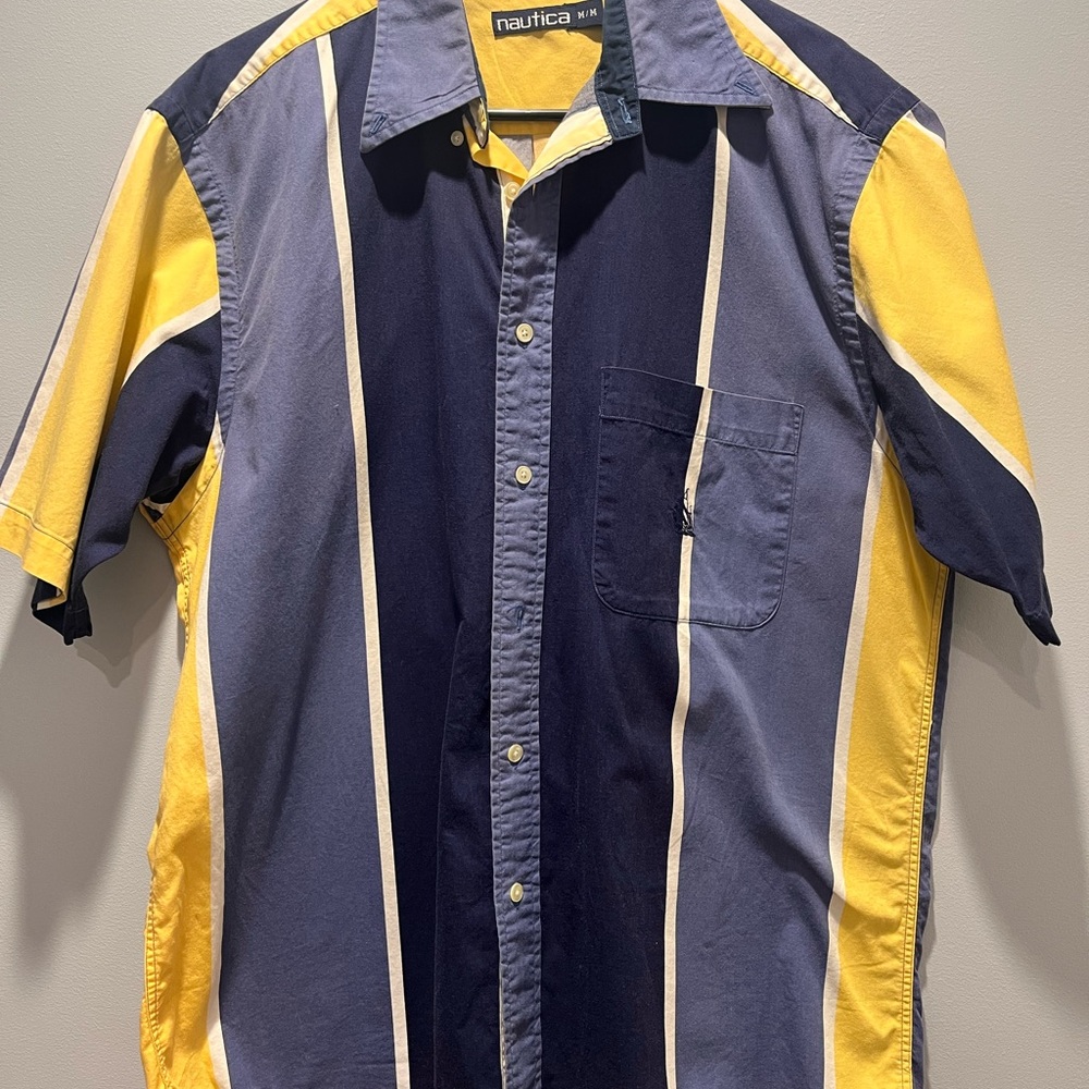 Vintage Nautica Men's Blue‎ and Yellow Striped Shirt,Medium